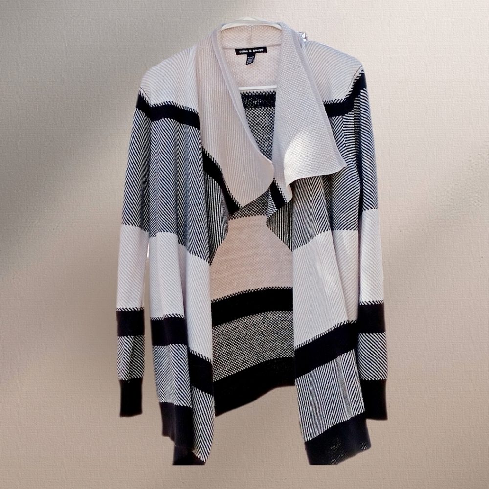 Cable & Gauge Cardigan Sweater Open Front Gray and White Size XL - Picture 2 of 3